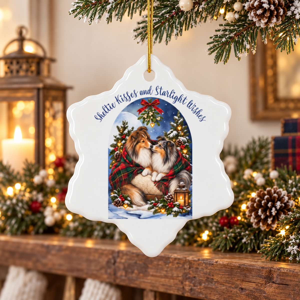 A white snowflake-shaped Christmas ornament hanging from a gold string, featuring an illustration of two Shelties under a blue night sky with the text 'Sheltie Kisses and Starlight Wishes.' The ornament is photographed in a decorated holiday setting with lights, pine branches, and candles in the background.