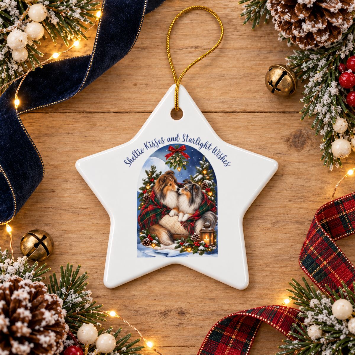 A white star-shaped ceramic Christmas ornament with a gold hanging loop, featuring an illustration of two Sheltie dogs and the text 'Sheltie Kisses and Starlight Wishes.' The ornament is photographed on a wooden surface surrounded by holiday decorations including pine branches, snow-dusted pinecones, a dark blue velvet ribbon, red plaid ribbon, and warm string lights.