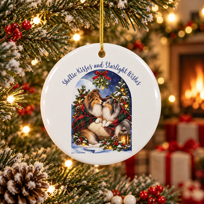 A round white ceramic Christmas ornament hanging on a decorated tree branch. The ornament features an illustration of two shelites nuzzling under a starry night sky, with the text 'Sheltie Kisses and Starlight Wishes' in blue script.