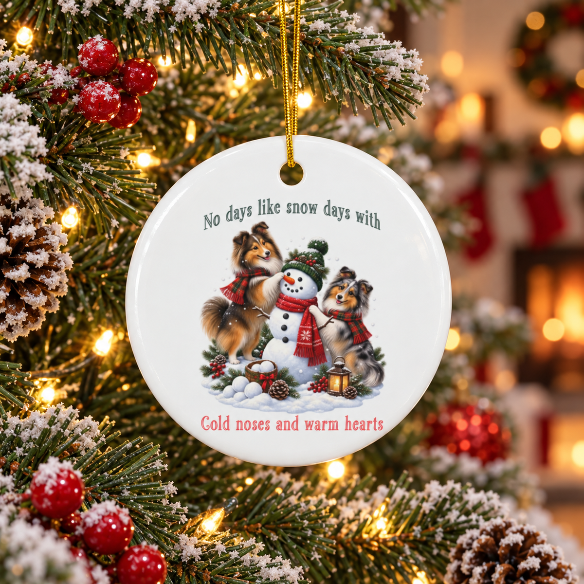A round white ceramic ornament hanging from a gold string on a decorated Christmas tree. The ornament features an illustration of two shelties building a snowman, with the text 'No days like snow days with' above and 'Cold noses and warm hearts' below.