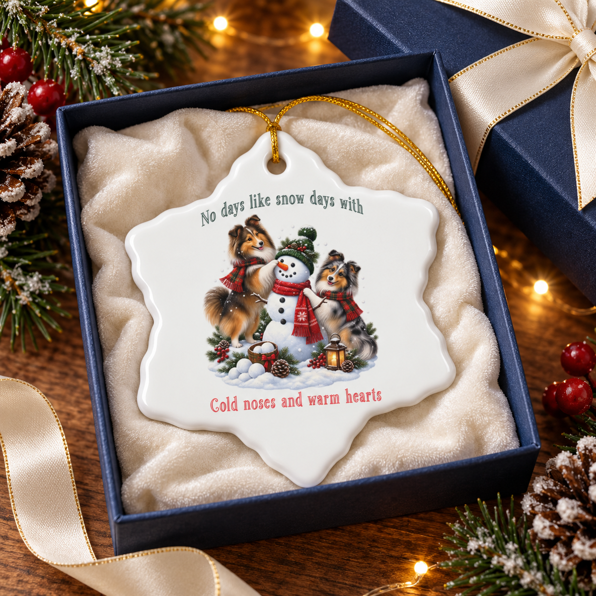 A white snowflake-shaped Christmas ornament with a gold hanging string, displayed inside a navy blue gift box with a cream bow and lined with cream fabric. The ornament features an illustration of two shelties building a snowman and text that says, No days like snow days with cold noses and warm hearts.
