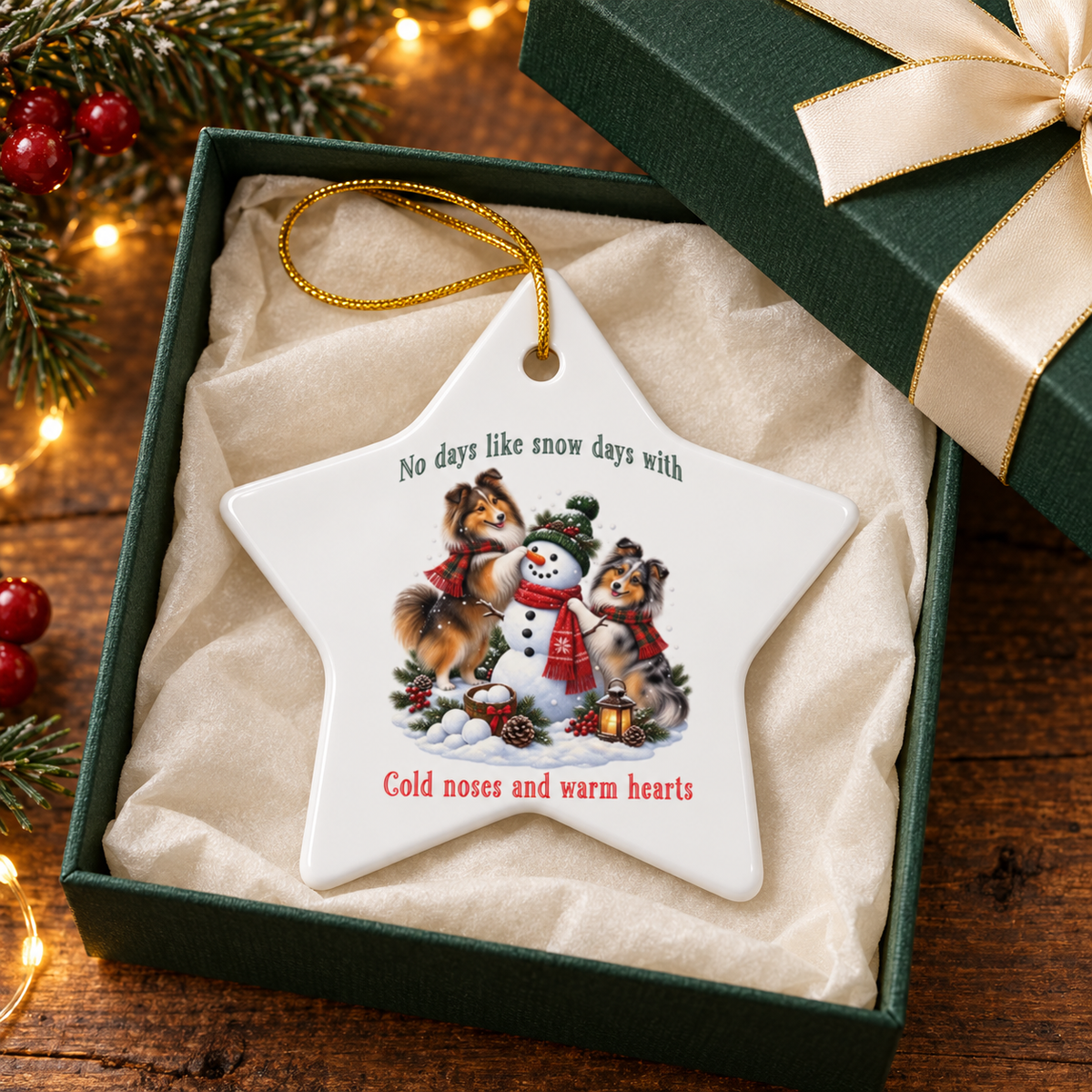 A star-shaped ceramic Christmas ornament displayed in a dark green gift box with tissue paper and a cream bow. The ornament features an illustration of two shelties building a snowman, with the text 'No days like snow days' above and 'Cold noses and warm hearts' below.