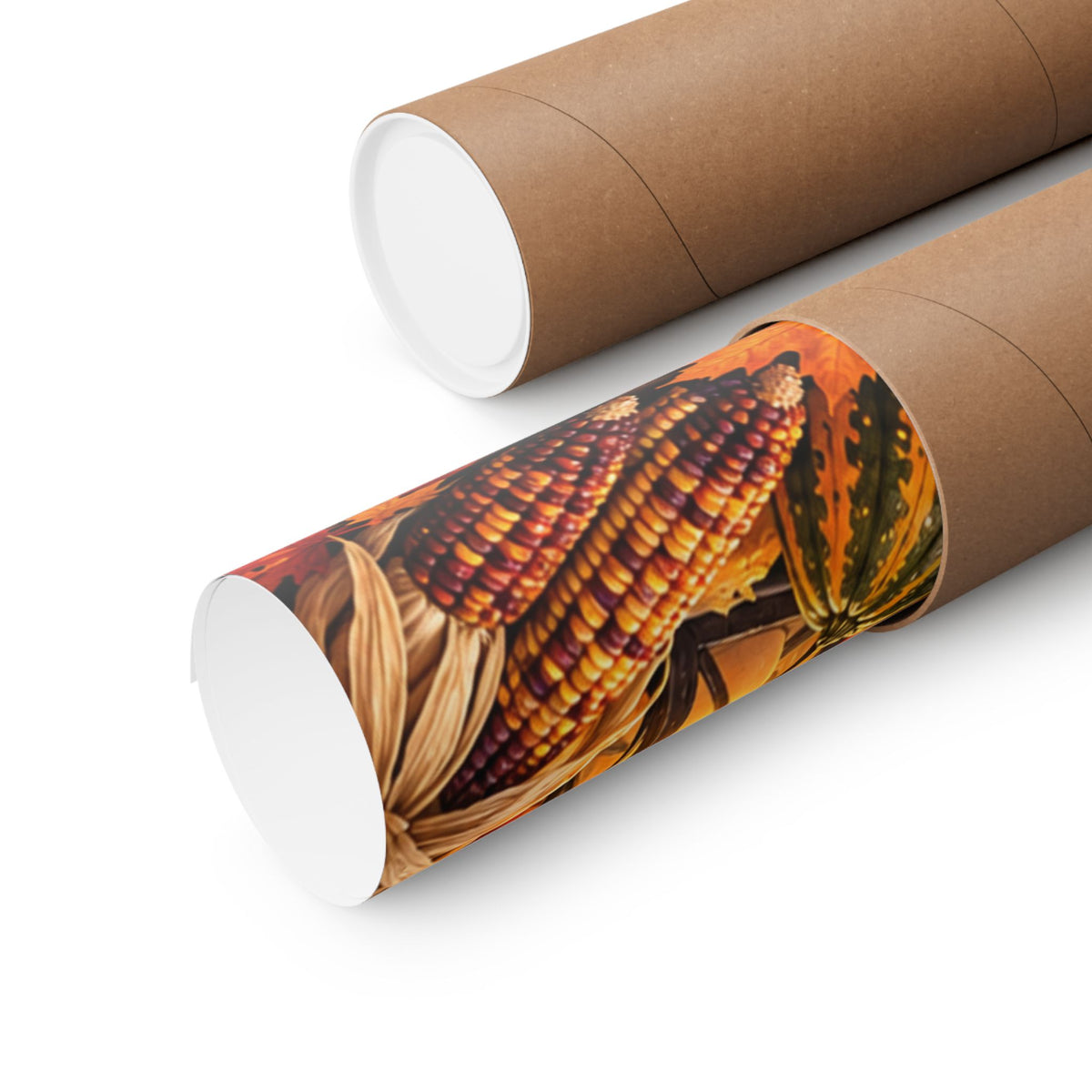 Two brown kraft paper mailing tubes on a white background, with one tube opened to reveal a rolled up poster.