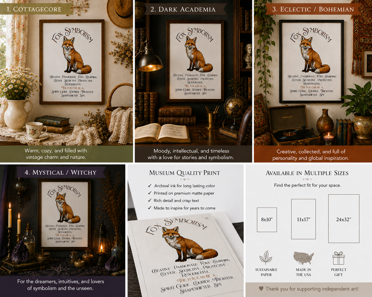 A six-panel collage showing the Fox Symbolism art print in four decorative interior settings (Cottagecore, Dark Academia, Eclectic/Bohemian, and Mystical/Witchy), plus a size chart panel on the bottom right and the panel right beside it talks about the paper's quality.