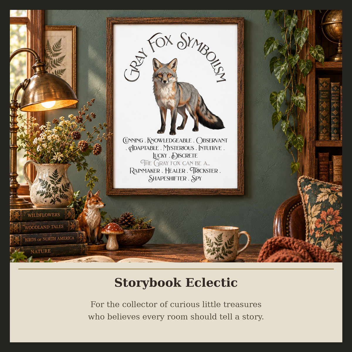 A framed wall art print featuring a gray fox illustration with decorative text, displayed in a cozy room setting with books, a lamp, a mug, and plants. Below the framed print is a beige banner reading 'Storybook Eclectic' with descriptive text.