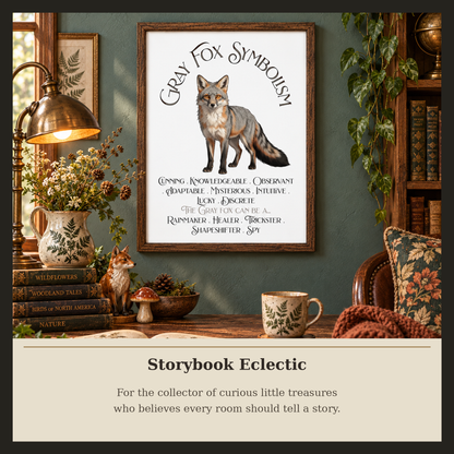 A framed wall art print featuring a gray fox illustration with decorative text, displayed in a cozy room setting with books, a lamp, a mug, and plants. Below the framed print is a beige banner reading 'Storybook Eclectic' with descriptive text.