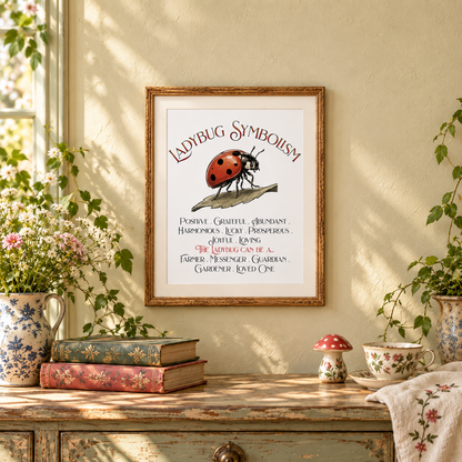 A framed ladybug symbolism art print hangs on a beige wall above a rustic wooden table styled with flowers, books, a teacup, a floral hand towel, and small mushrooms. The print features a red ladybug illustration and decorative text.