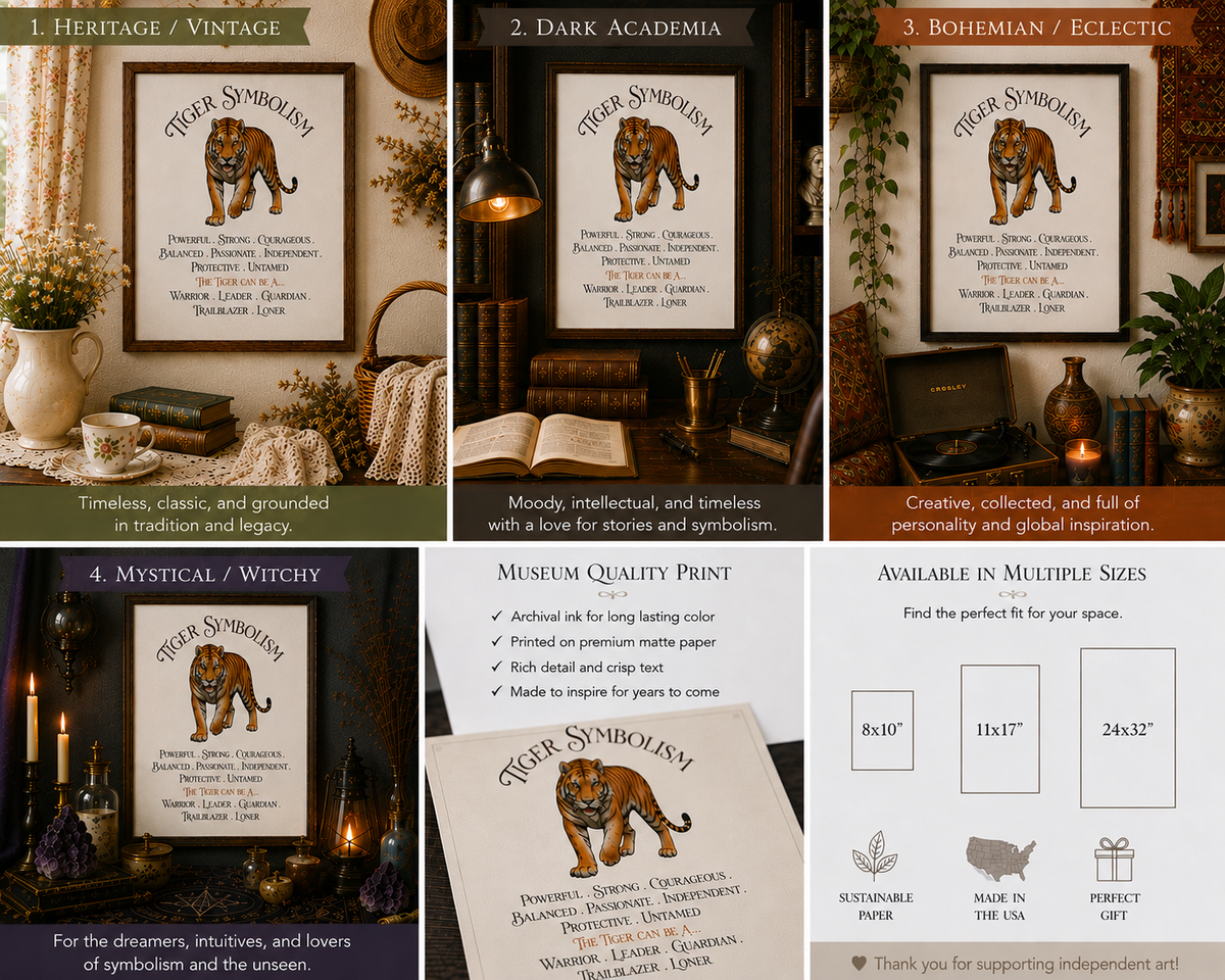 A collage showing four styled room scenes and a product mockup for a framed typographic art print titled 'Tiger Symbolism.' The print features a tiger illustration and text such as 'Heritage / Vintage,' 'Dark Academia,' 'Bohemian / Eclectic,' and 'Mystical / Witch.
