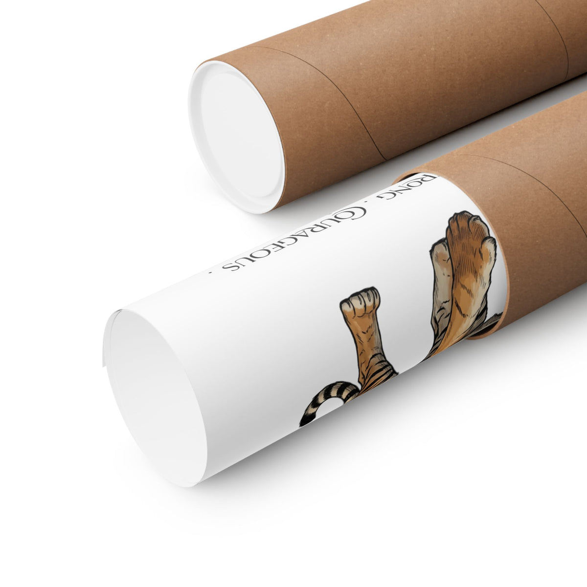 Two brown kraft paper mailing tubes, one opened to reveal a white poster, on a white background.