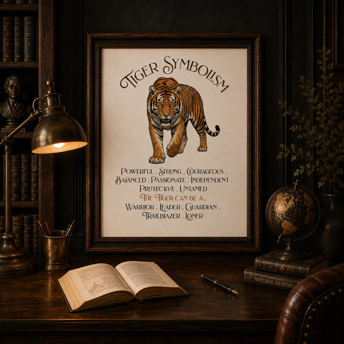 A framed tiger symbolism art print hangs on a dark wood wall above a desk with an open book, lamp, globe, and other vintage-style decor. The print shows a tiger illustration with the words 'Tiger Symbolism' and descriptive text below.