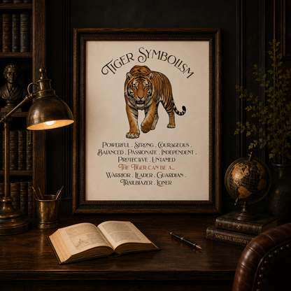 A framed tiger symbolism art print hangs on a dark wood wall above a desk with an open book, lamp, globe, and other vintage-style decor. The print shows a tiger illustration with the words 'Tiger Symbolism' and descriptive text below.
