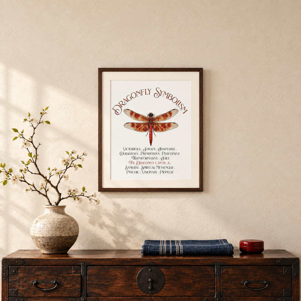 A framed wall art print featuring a dragonfly illustration and the words 'Dragonfly Symbolism' hangs on a beige wall above a trunk-style dark wooden console table with a vase of cherry blossom branches, a small wooden red box, and a folded blue blanket.
