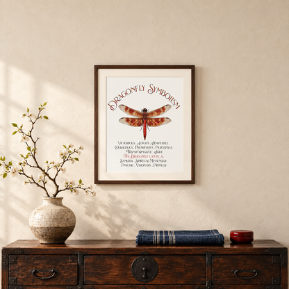 A framed wall art print featuring a dragonfly illustration and the words 'Dragonfly Symbolism' hangs on a beige wall above a trunk-style dark wooden console table with a vase of cherry blossom branches, a small wooden red box, and a folded blue blanket.