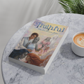 The book "Truthful: When Love Summons Justice" with a colorful illustrated cover sits on a round gray stone table next to a cup of latte, with a blurred plant in the background.