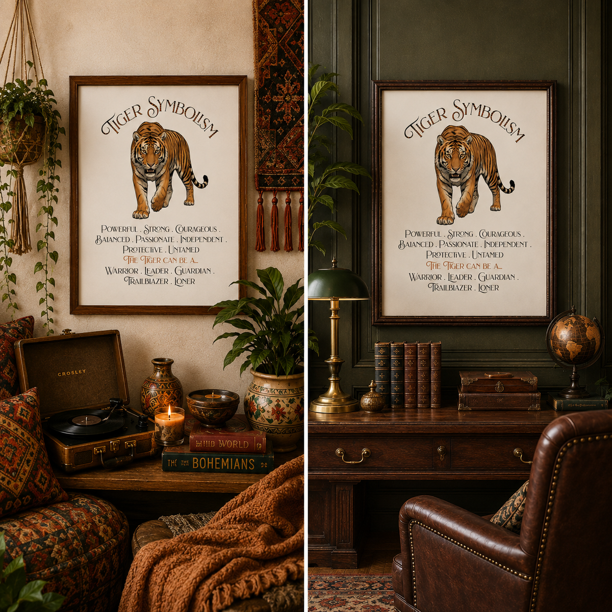 Two framed tiger symbolism art prints shown in styled interior scenes. The left print hangs above a table with books, a record player, and plants in a warm beige room. The right print hangs over a desk with a small chest, a globe, several books, and a lamp.