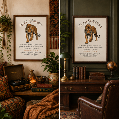 Two framed tiger symbolism art prints shown in styled interior scenes. The left print hangs above a table with books, a record player, and plants in a warm beige room. The right print hangs over a desk with a small chest, a globe, several books, and a lamp.