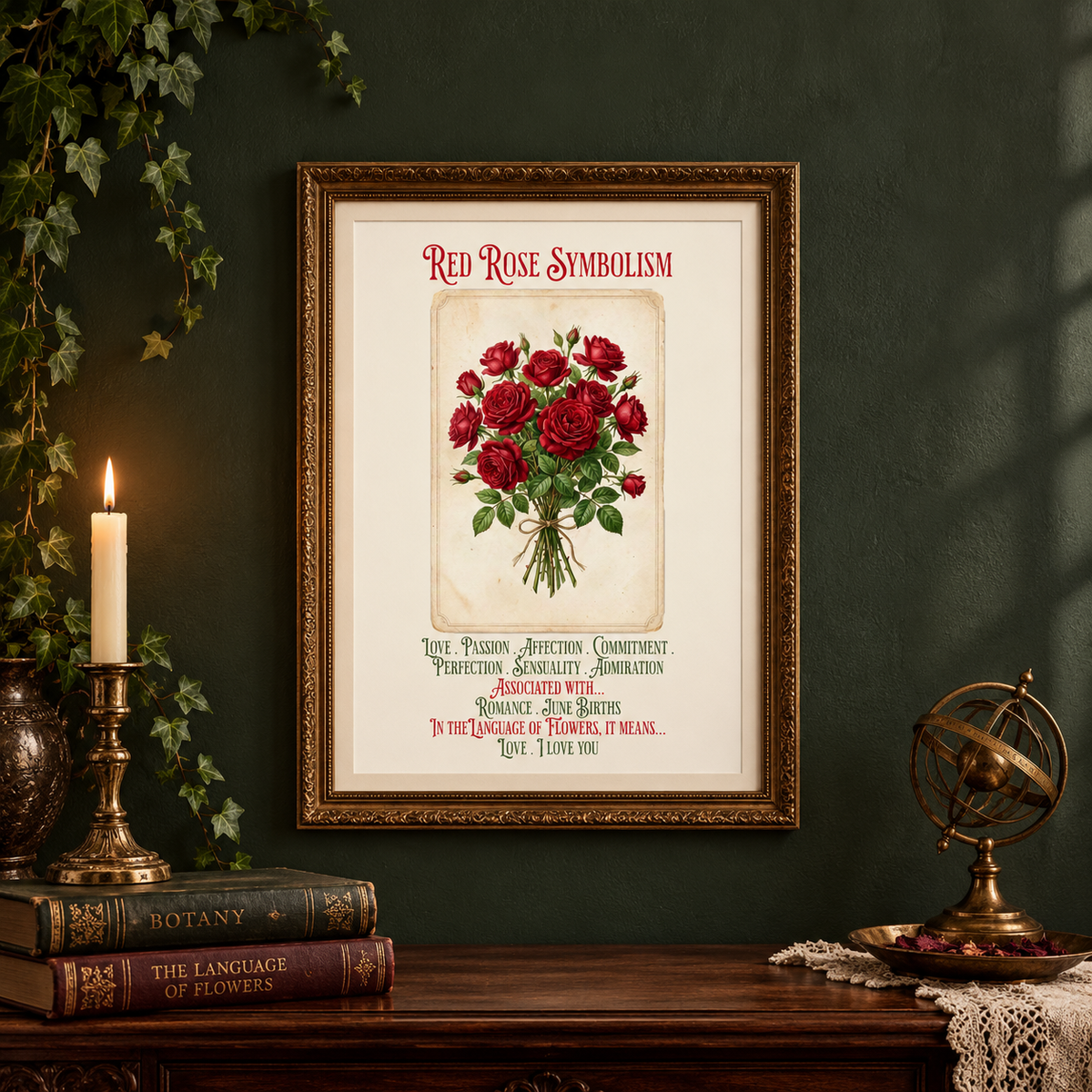A framed vintage-style art print titled 'Red Rose Symbolism' hangs on a dark green wall above a wooden table with a candle, stack of books, and an astrolabe.
