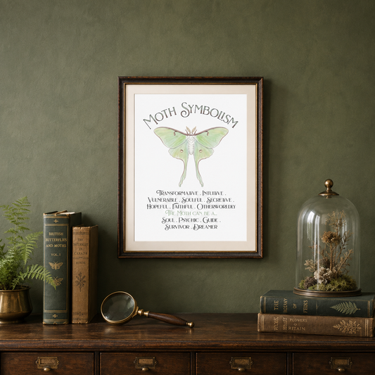 A framed art print titled 'Moth Symbolism' featuring a green luna moth illustration, displayed on a dark olive green wall above a wooden console table with books, a magnifying glass, and a glass dome.