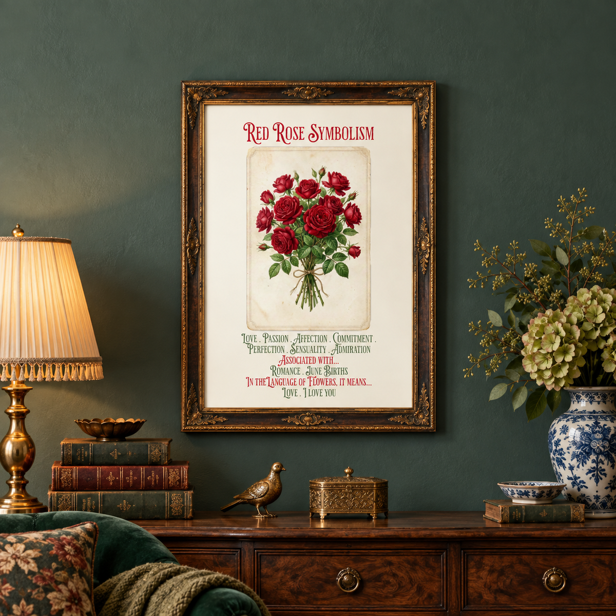 A framed vintage-style art print titled 'Red Rose Symbolism' hangs on a dark green wall above a wooden console table with books, a lamp, a brass box and bird decorations, and a vase of flowers. A green velvet chair with a pillow and throw blanket sits nearby.