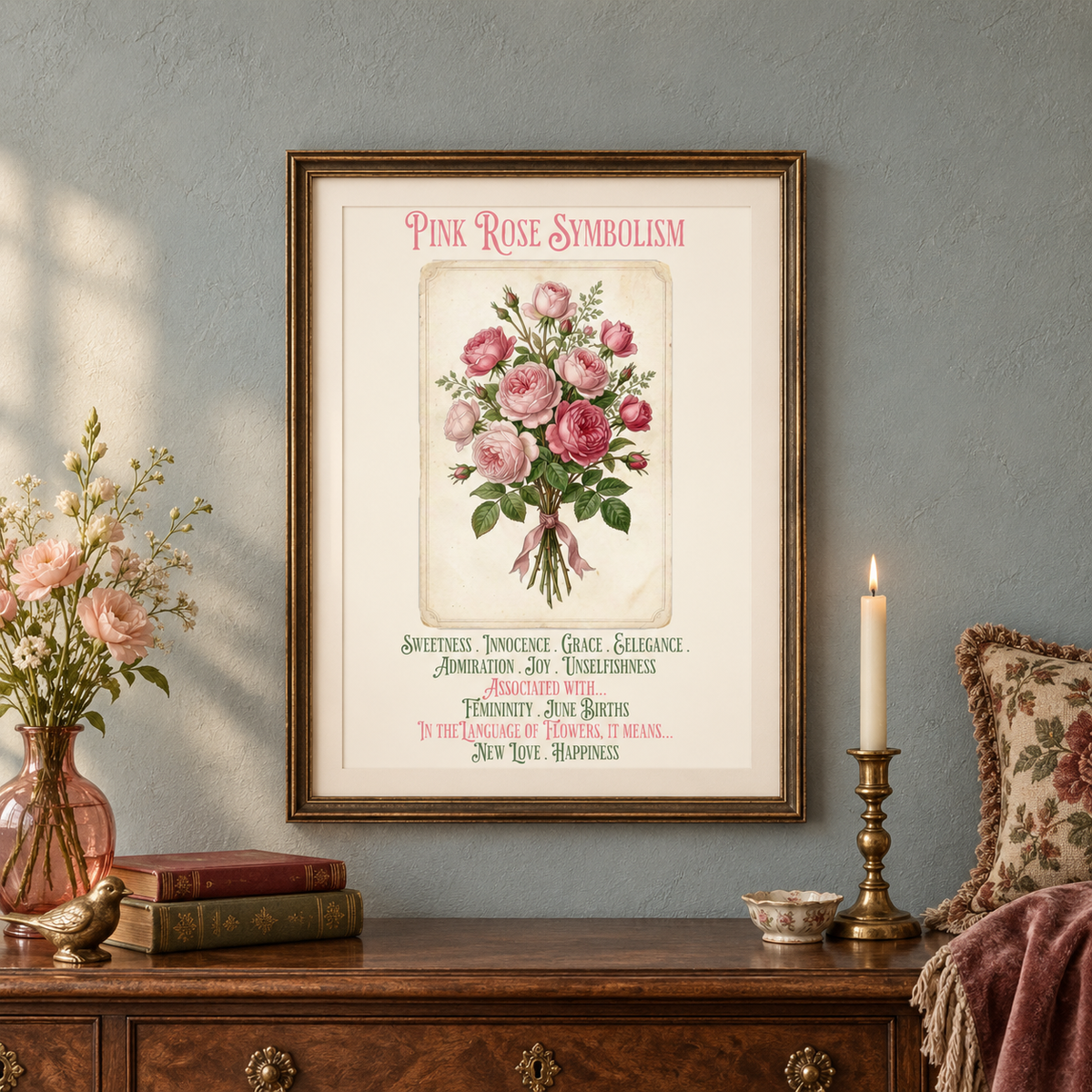 Framed 'Pink Rose Symbolism' art print hanging on a textured blue-gray wall above a wooden console table with books, a candle, a blanket, a pillow, and a vase of flowers.