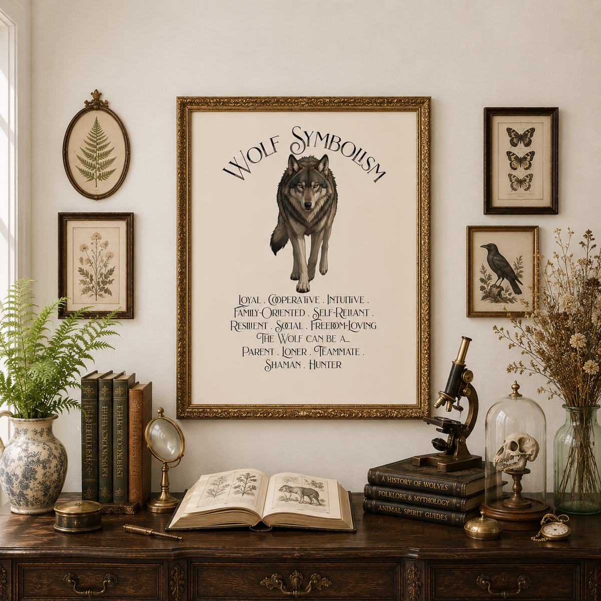 A framed art print featuring a gray wolf illustration with the text 'WOLF SYMBOLISM' and a list of symbolic meanings, displayed on a cream wall above a dark wooden desk with books, a microscope, and other vintage decor.