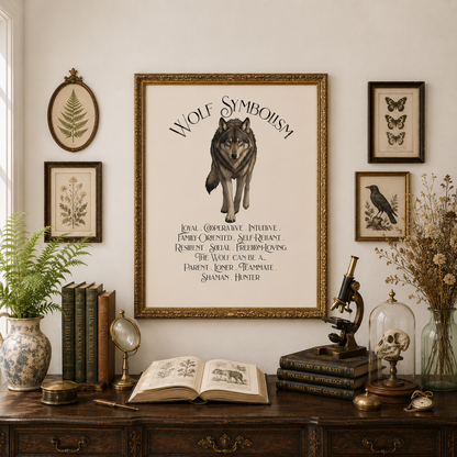 A framed art print featuring a gray wolf illustration with the text 'WOLF SYMBOLISM' and a list of symbolic meanings, displayed on a cream wall above a dark wooden desk with books, a microscope, and other vintage decor.