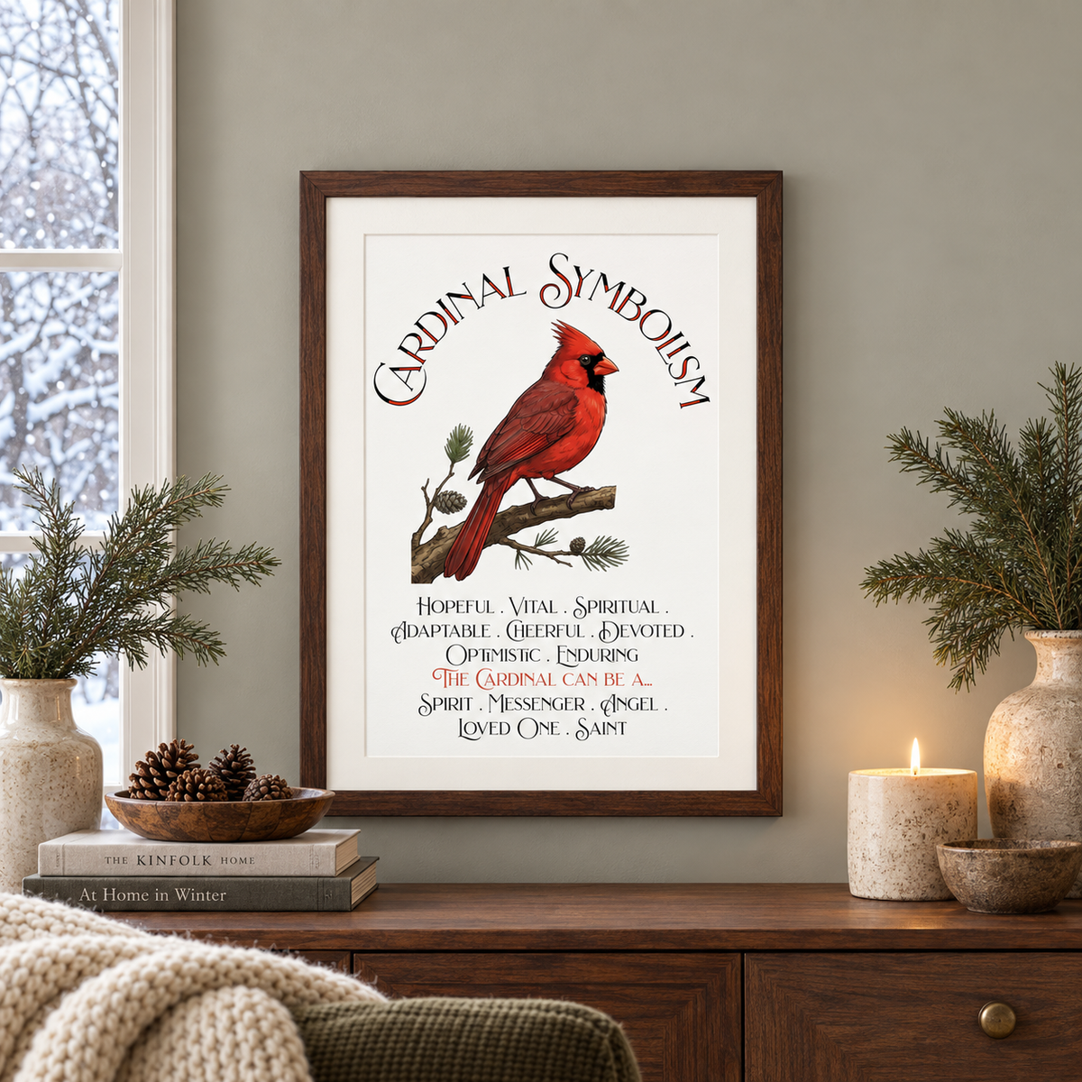 A framed art print featuring a red cardinal perched on a branch with the text 'Cardinal Symbolism' and symbolic adjectives below, displayed above a wooden console table in a styled room setting with candles, vases, books, and a window that shows a winter outdoor scene.
