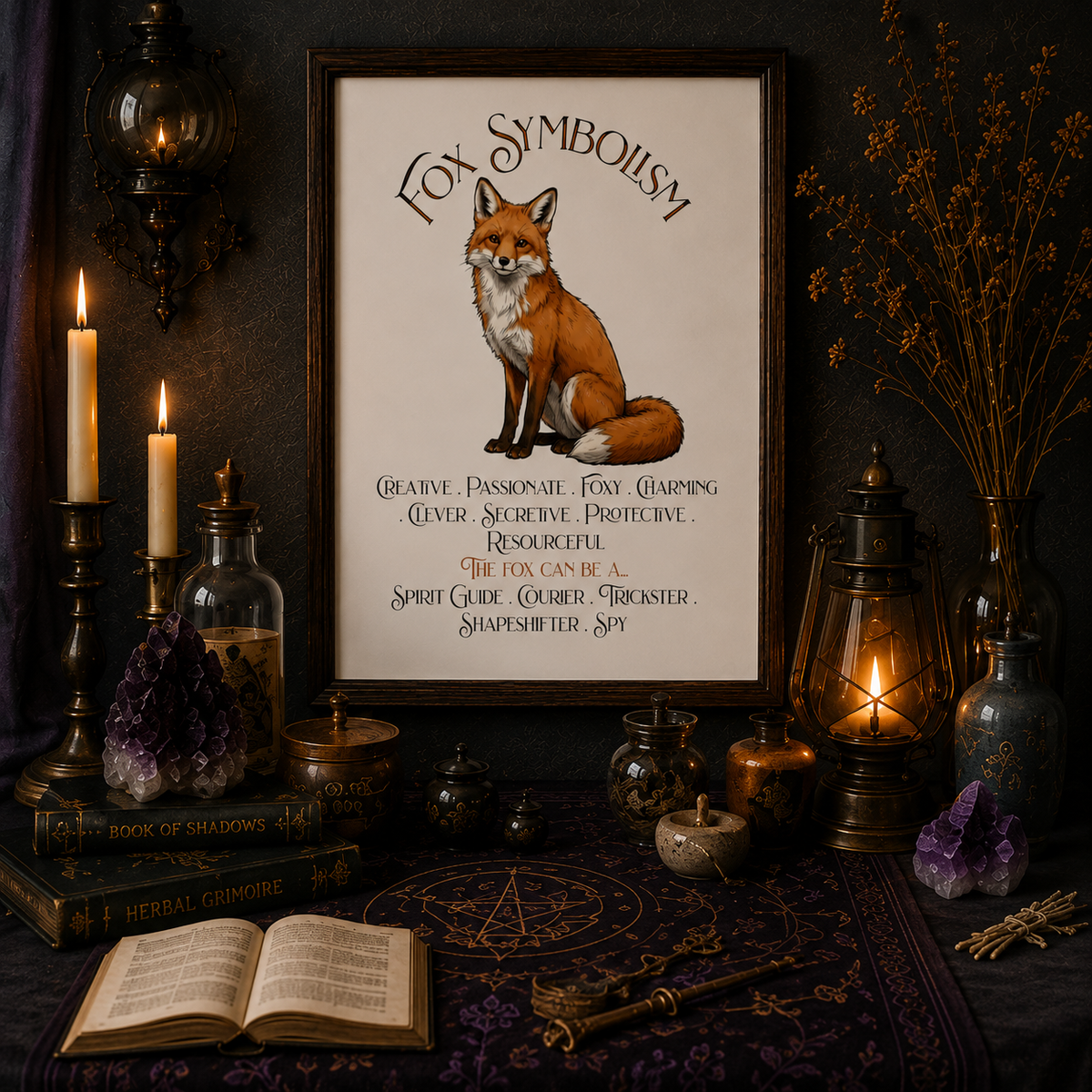 A framed 'Fox Symbolism' art print featuring a detailed illustration of a red fox, styled in a dark, mystical room with candles, crystals, an open book, and occult-themed decor.