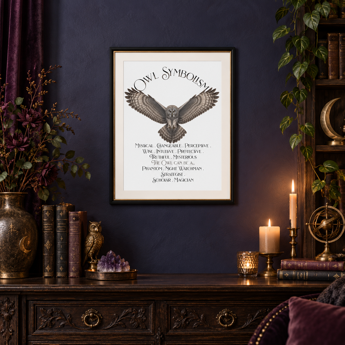 A framed owl symbolism art print hangs on a dark navy wall above a wooden console table that holds books, crystals, and lit candles.