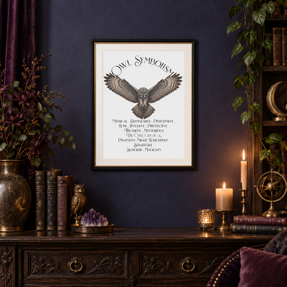 A framed owl symbolism art print hangs on a dark navy wall above a wooden console table that holds books, crystals, and lit candles.