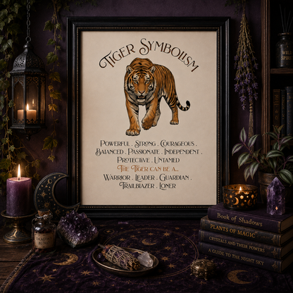 A framed art print featuring 'Tiger Symbolism' with an illustration of a tiger and text about its qualities, styled in a dark, mystical room with candles, crystals, and books.