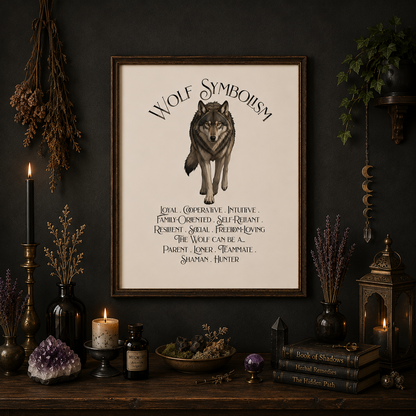 A framed art print featuring a wolf illustration and the text 'WOLF SYMBOLISM' is displayed on a dark wall above a styled wooden shelf with candles, crystals, books, and dried botanicals.