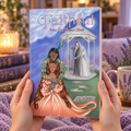 A woman holds a book titled "Faithful: When Love Conquers Death" against a cozy, softly blurred background with candles, books, a coffee mug, lavender, and a knitted blanket.