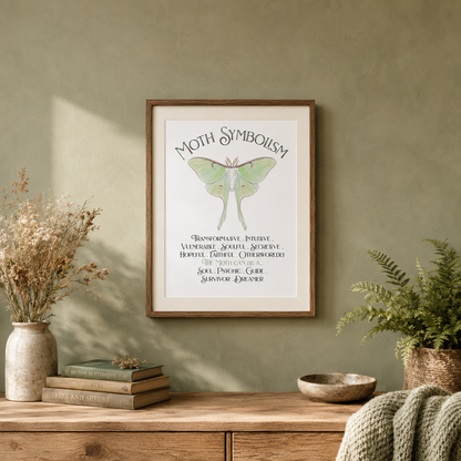 Framed 'Moth Symbolism' art print featuring a green luna moth illustration, displayed on a sage green wall above a wooden console table with books, a vase of dried grass, and a potted fern.