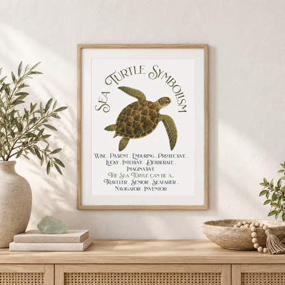 A framed art print featuring a sea turtle symbol and the words 'SEA TURTLE SYMBOLISM' with descriptive text below, displayed on a light wall above a wooden console table with a bowl of wooden Buddhist prayer beads, decorative plants, and books.